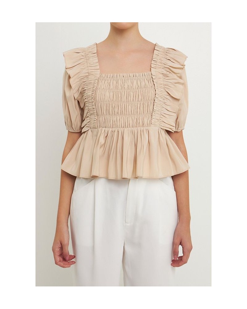 Women's Smocked Detail Puff Sleeve Top Beige $42.00 Tops