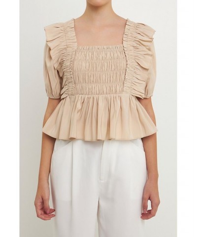 Women's Smocked Detail Puff Sleeve Top Beige $42.00 Tops