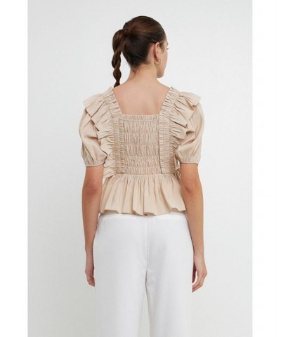 Women's Smocked Detail Puff Sleeve Top Beige $42.00 Tops