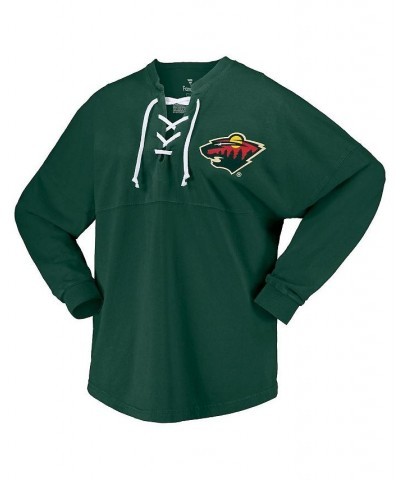 Women's Branded Green Minnesota Wild Spirit Lace-Up V-Neck Long Sleeve Jersey T-shirt Green $33.60 Tops