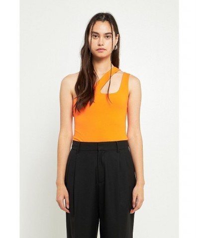 Women's One Shoulder Cut-out Detail Knit Bodysuit Orange $28.00 Tops