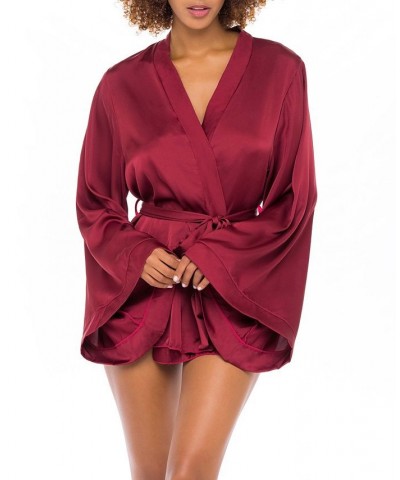 Women's Short Polyester Charmeuse Lingerie Robe with Wide Sleeves and A Tie Belt Rhubarb $22.05 Sleepwear