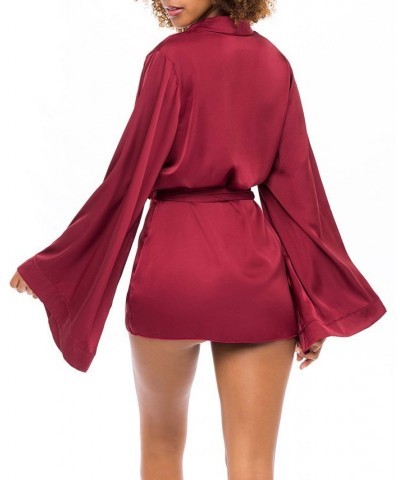 Women's Short Polyester Charmeuse Lingerie Robe with Wide Sleeves and A Tie Belt Rhubarb $22.05 Sleepwear