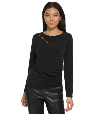 Women's Long Sleeve Cutout Detail Matte Jersey Top Black $30.50 Tops