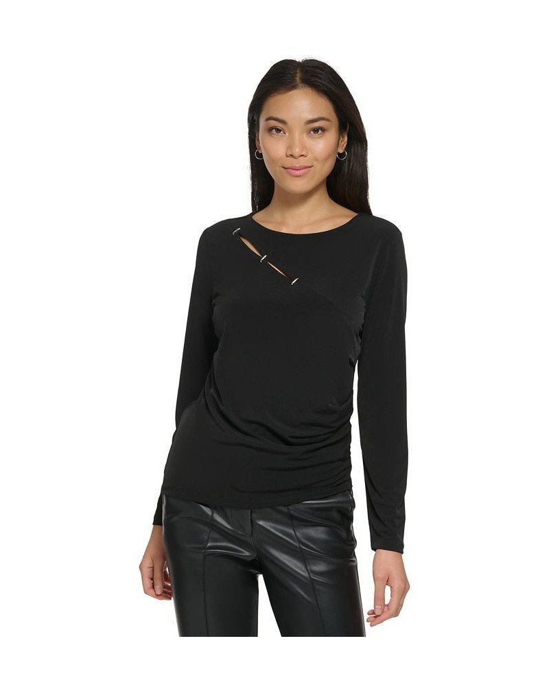 Women's Long Sleeve Cutout Detail Matte Jersey Top Black $30.50 Tops