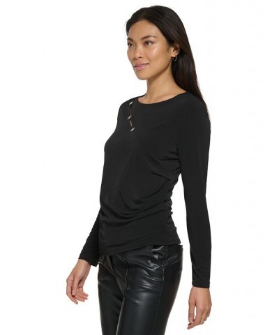 Women's Long Sleeve Cutout Detail Matte Jersey Top Black $30.50 Tops