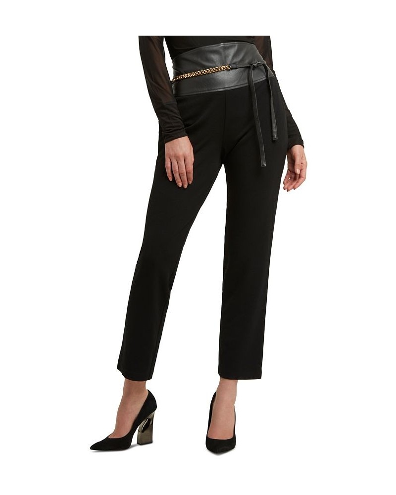 Women's Faux-Leather-Trim Chain-Belt Pants Black $43.85 Pants