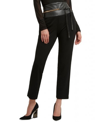 Women's Faux-Leather-Trim Chain-Belt Pants Black $43.85 Pants