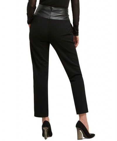 Women's Faux-Leather-Trim Chain-Belt Pants Black $43.85 Pants