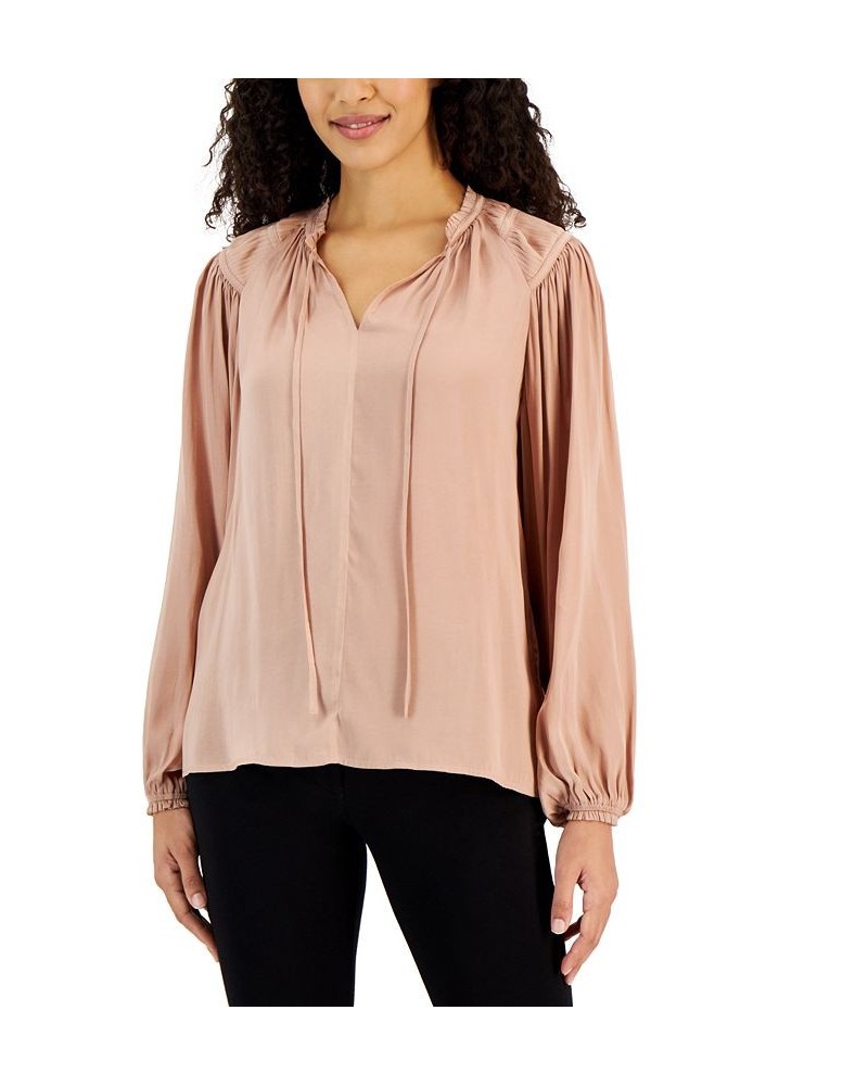 Women's Tie Split-Neck Pleated-Shoulder Top Pink Quartz $39.20 Tops