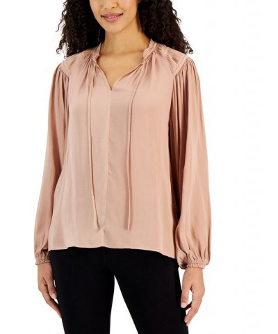 Women's Tie Split-Neck Pleated-Shoulder Top Pink Quartz $39.20 Tops