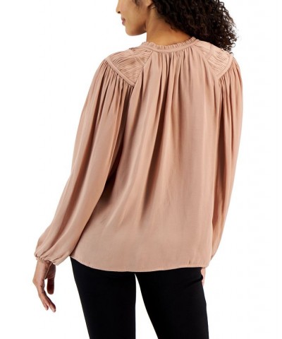 Women's Tie Split-Neck Pleated-Shoulder Top Pink Quartz $39.20 Tops