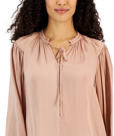 Women's Tie Split-Neck Pleated-Shoulder Top Pink Quartz $39.20 Tops