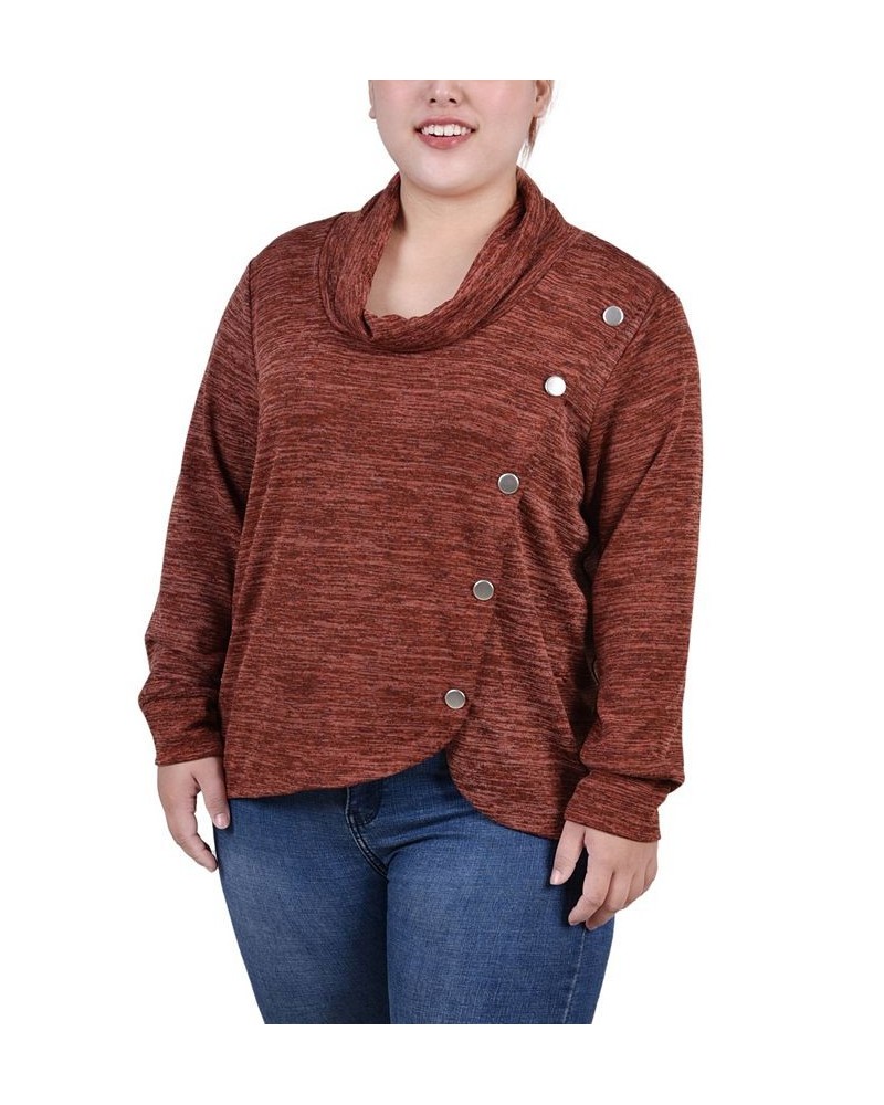 Plus Size Long Sleeve Overlapping Cowl Neck Top Rooibos Tea $13.43 Tops