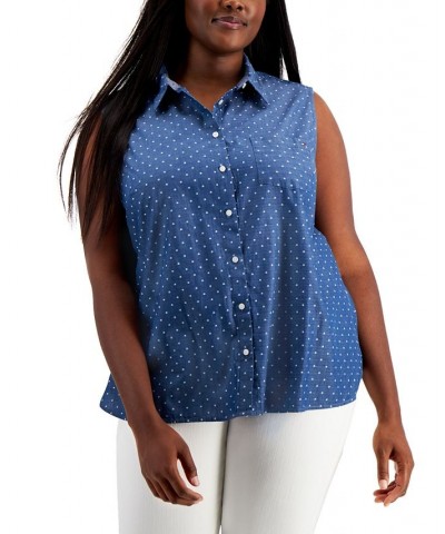 Plus Size Spotted Chambray Sleeveless Blouse Chambray Multi $25.30 Tops