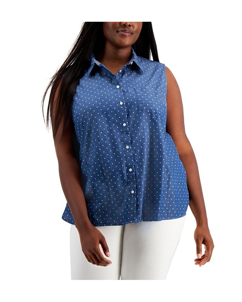 Plus Size Spotted Chambray Sleeveless Blouse Chambray Multi $25.30 Tops