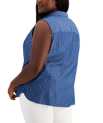 Plus Size Spotted Chambray Sleeveless Blouse Chambray Multi $25.30 Tops