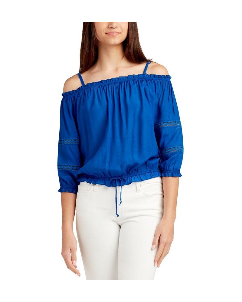 Juniors' Off-The-Shoulder Drawstring-Hem Top Cobalt Blue $24.50 Tops