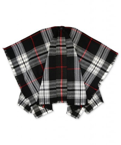 Women's Fringe-Trim Classic Plaid Kimono with Fringe Trim Black $27.55 Sweaters