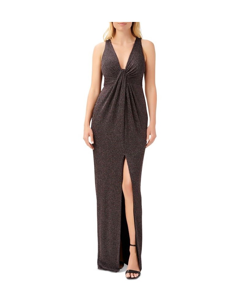 Women's Waterfall-Front Front-Slit Gown Black Multi $43.82 Dresses