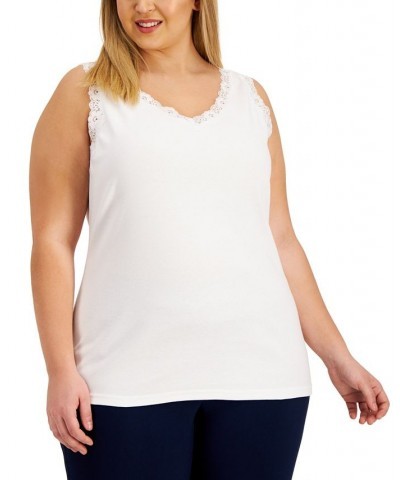 Plus Size Cotton Lace-Trim Top Bright White $9.59 Tops