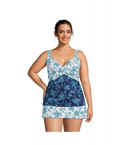 Women's Plus Size V-Neck Wrap Wireless Tankini Swimsuit Top Blue $49.26 Swimsuits