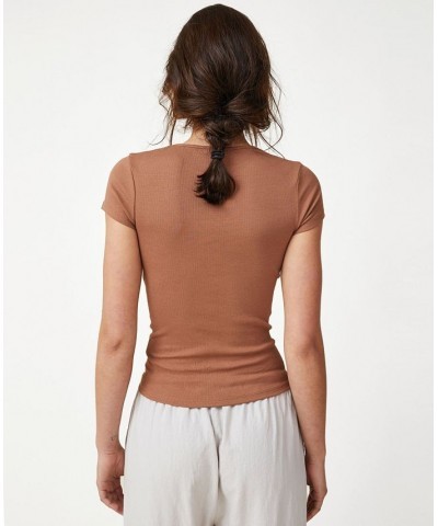 Women's The One Rib Crew Short Sleeve T-shirt Leaf Brown $14.40 Tops