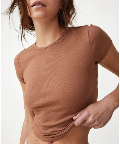 Women's The One Rib Crew Short Sleeve T-shirt Leaf Brown $14.40 Tops