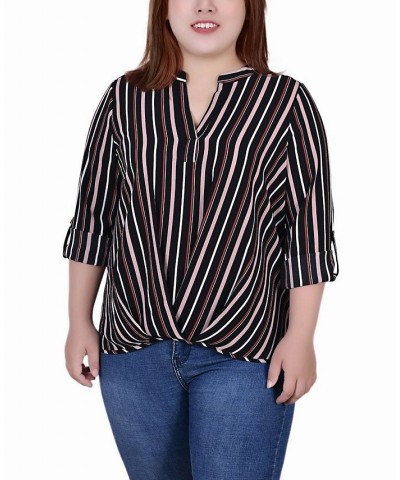 Plus Size 3/4 Sleeve Mandarin Collar Blouse with Front Pleats Black Mauve Stripe $15.77 Tops