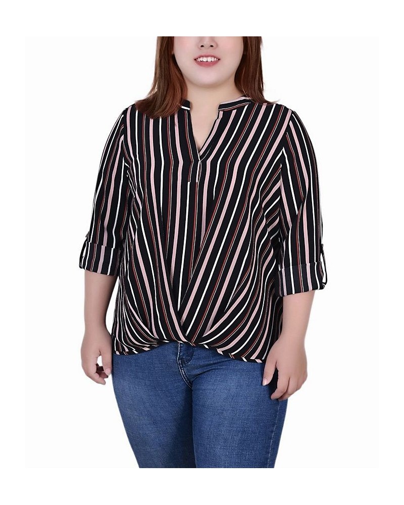 Plus Size 3/4 Sleeve Mandarin Collar Blouse with Front Pleats Black Mauve Stripe $15.77 Tops