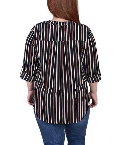 Plus Size 3/4 Sleeve Mandarin Collar Blouse with Front Pleats Black Mauve Stripe $15.77 Tops