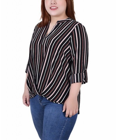 Plus Size 3/4 Sleeve Mandarin Collar Blouse with Front Pleats Black Mauve Stripe $15.77 Tops