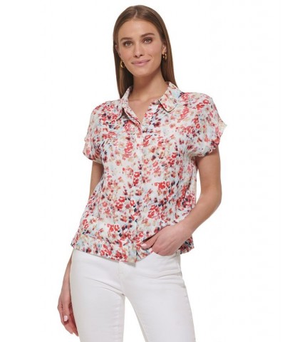 Women's Printed Short-Sleeve Seam-Detail Shirt Crystal Blue Multi $41.87 Tops