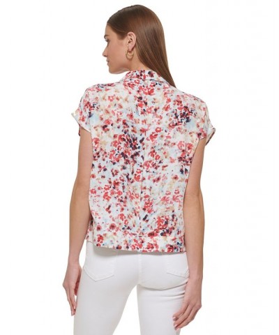 Women's Printed Short-Sleeve Seam-Detail Shirt Crystal Blue Multi $41.87 Tops