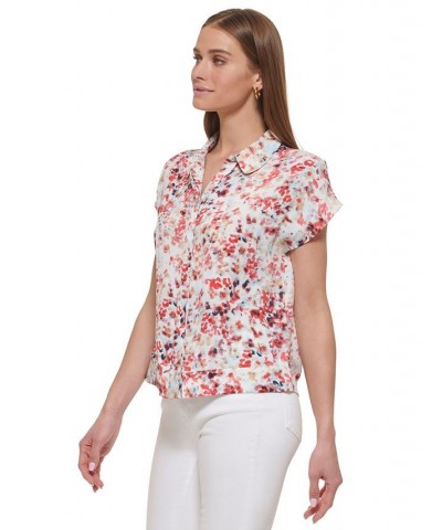 Women's Printed Short-Sleeve Seam-Detail Shirt Crystal Blue Multi $41.87 Tops