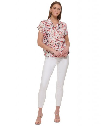 Women's Printed Short-Sleeve Seam-Detail Shirt Crystal Blue Multi $41.87 Tops