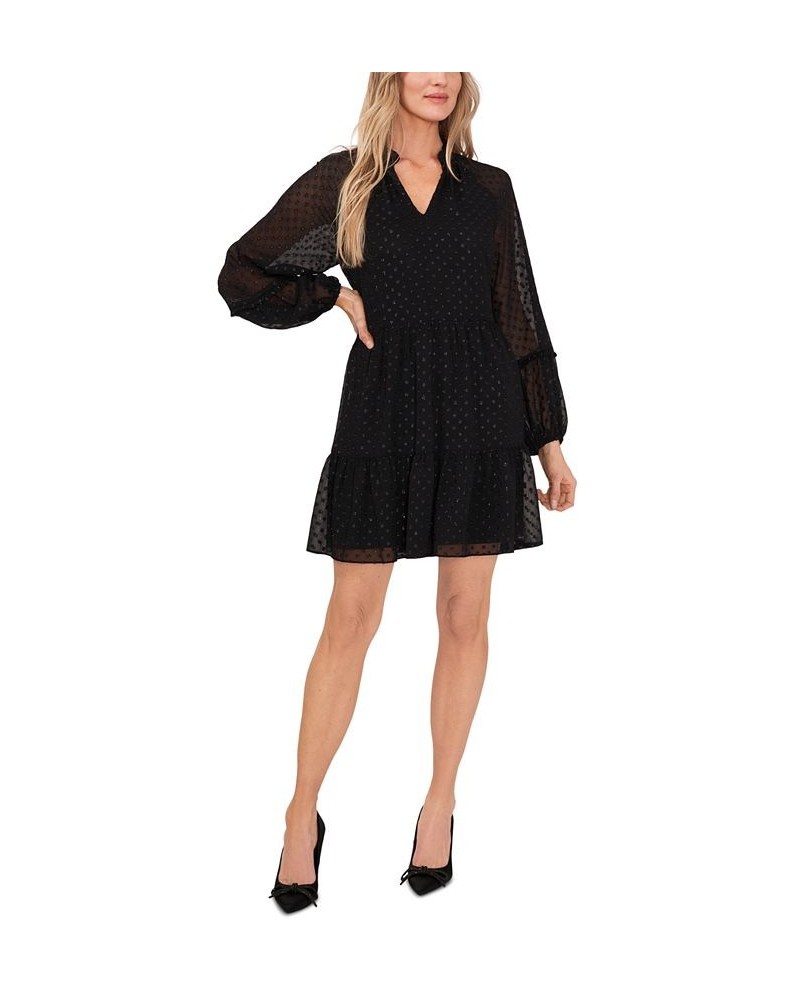 Women's Long Sleeve Tiered Clip-Dot Babydoll Dress Rich Black $36.78 Dresses