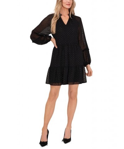 Women's Long Sleeve Tiered Clip-Dot Babydoll Dress Rich Black $36.78 Dresses