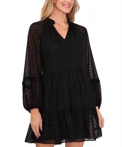 Women's Long Sleeve Tiered Clip-Dot Babydoll Dress Rich Black $36.78 Dresses