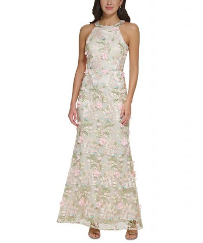 Women's Halter-Neck Floral-Embroidered Gown Pink Champagne $153.94 Dresses