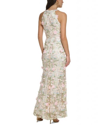 Women's Halter-Neck Floral-Embroidered Gown Pink Champagne $153.94 Dresses