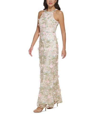 Women's Halter-Neck Floral-Embroidered Gown Pink Champagne $153.94 Dresses