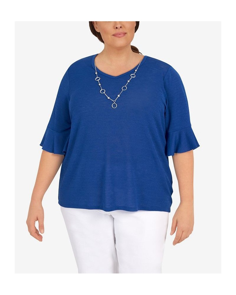 Plus Size Cool Vibrations Soft Fit Three Quarter Sleeve Top with Detachable Necklace Ocean Blue $38.96 Tops