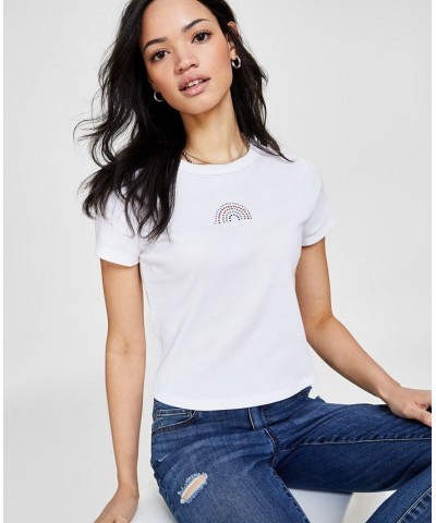 Juniors' Ribbed Rhinestone-Embellished Rainbow T-Shirt White $10.06 Tops