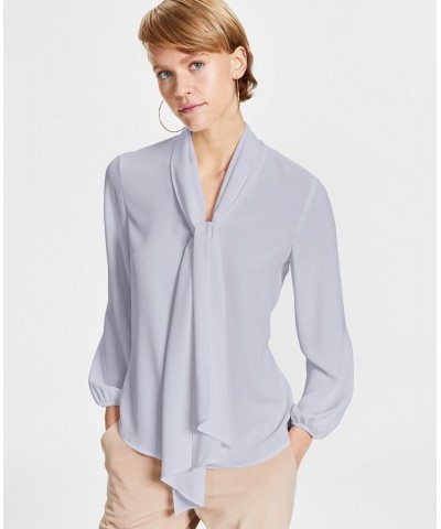 Women's Bow-Tie Long-Sleeve Blouse Moonstone $22.62 Tops