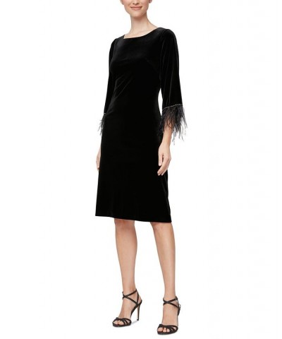 Women's Scoop-Neck Feather-Trim Shift Dress Black $34.65 Dresses