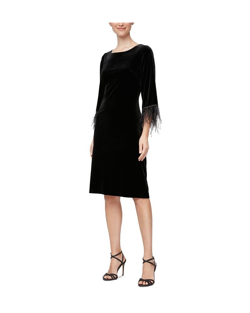 Women's Scoop-Neck Feather-Trim Shift Dress Black $34.65 Dresses