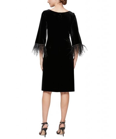 Women's Scoop-Neck Feather-Trim Shift Dress Black $34.65 Dresses