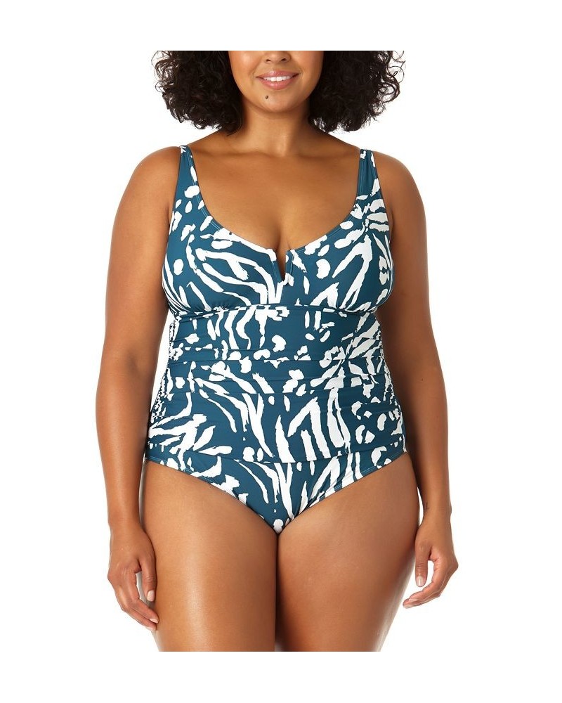 Plus Size Printed V-Wire One-Piece Swimsuit Blue/White Jungle Print $39.60 Swimsuits