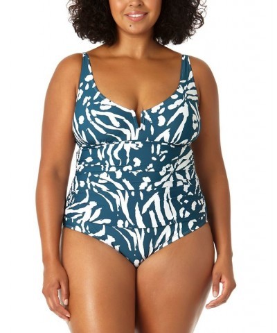 Plus Size Printed V-Wire One-Piece Swimsuit Blue/White Jungle Print $39.60 Swimsuits